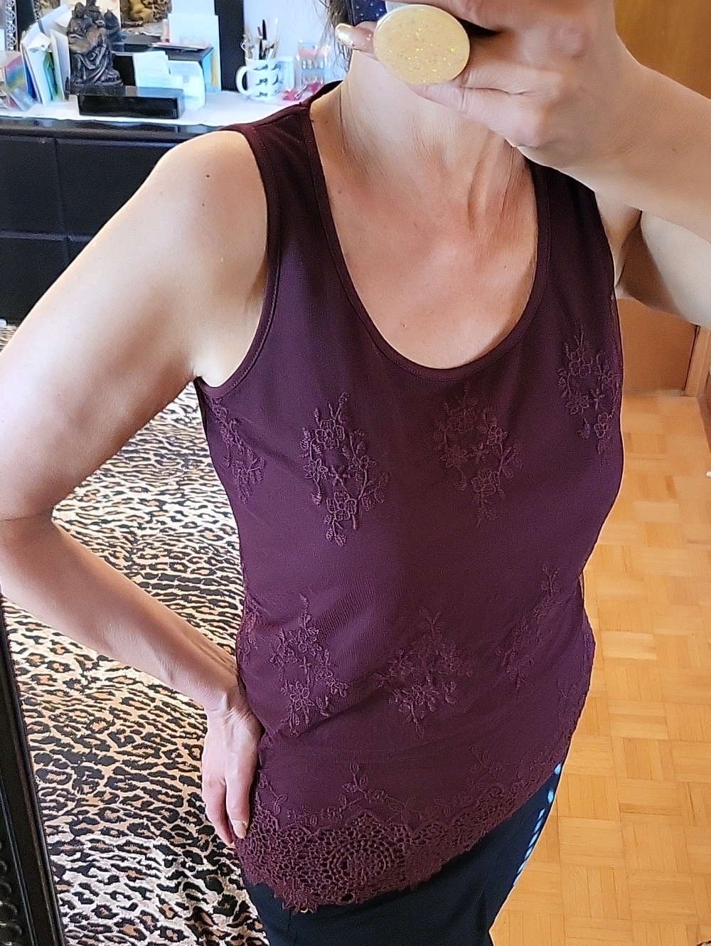 NEW! cleo Wine-Tone Embroidered & Crochet Mesh Tank Top, Fully Lined, S